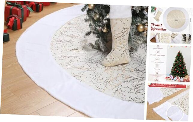 Large Christmas Tree Skirt with Christmas Stocking Gold White Extra 84 Inch