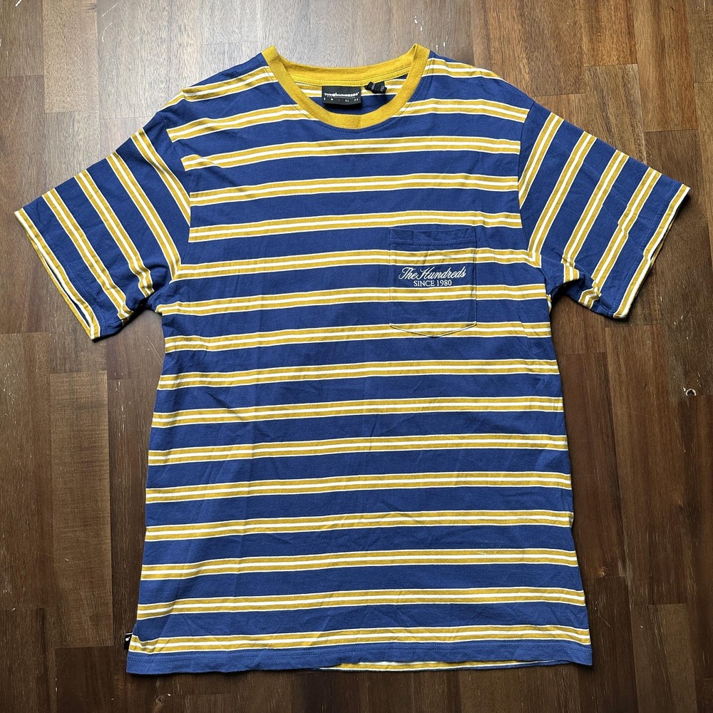 The Hundreds Shirt Mens Large Blue Yellow Striped Pocket Tee Skate Streetwear