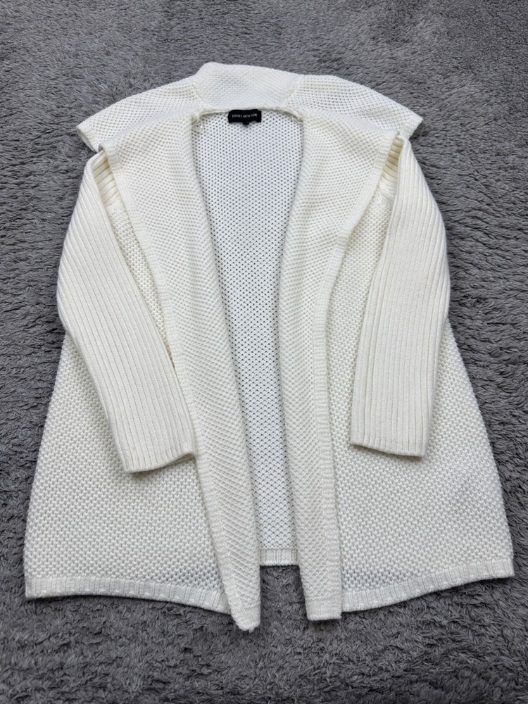 Jones New York Sweater Women Medium Ivory Chunky Knit Open Front Granny Cardigan