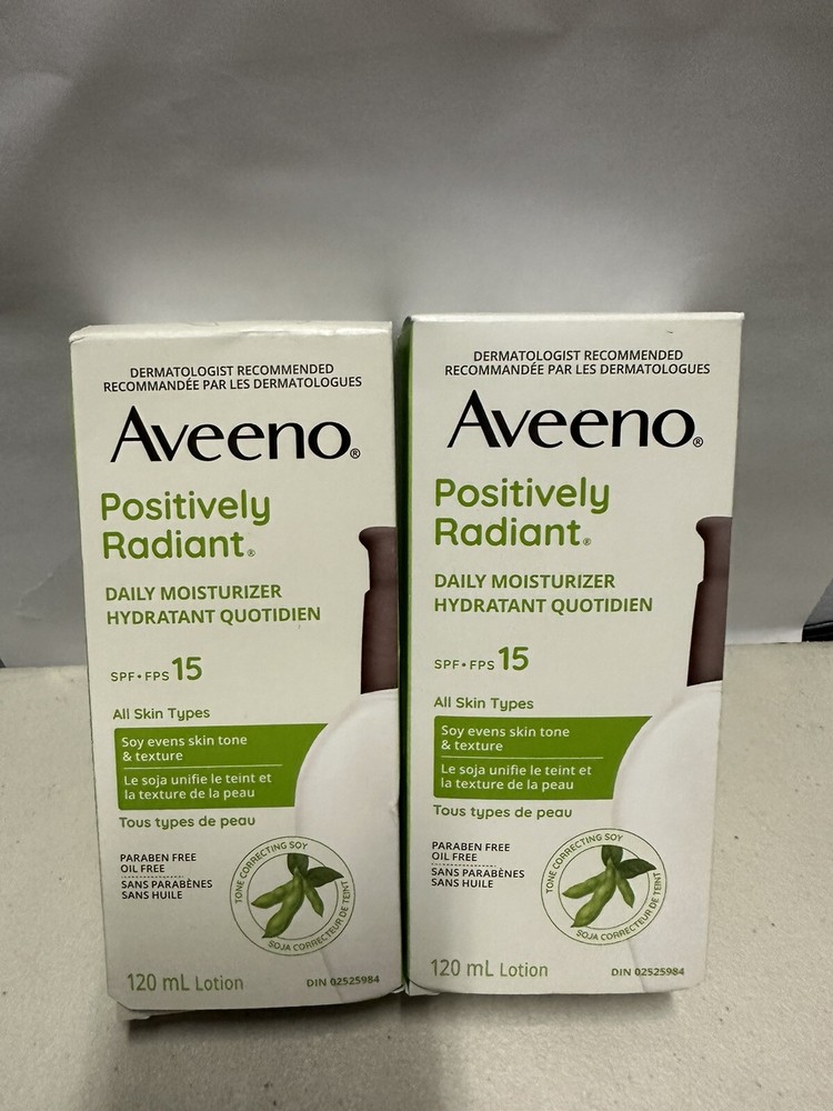 NEW! 2X! Aveeno Positively Radiant Daily Moisturizer, SPF 15, 4 oz EXP 2025