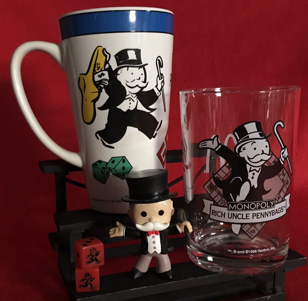 5pc MR. MONOPOLY LOT (GLASS, MUG, FIGURE & 2 DICE) 
