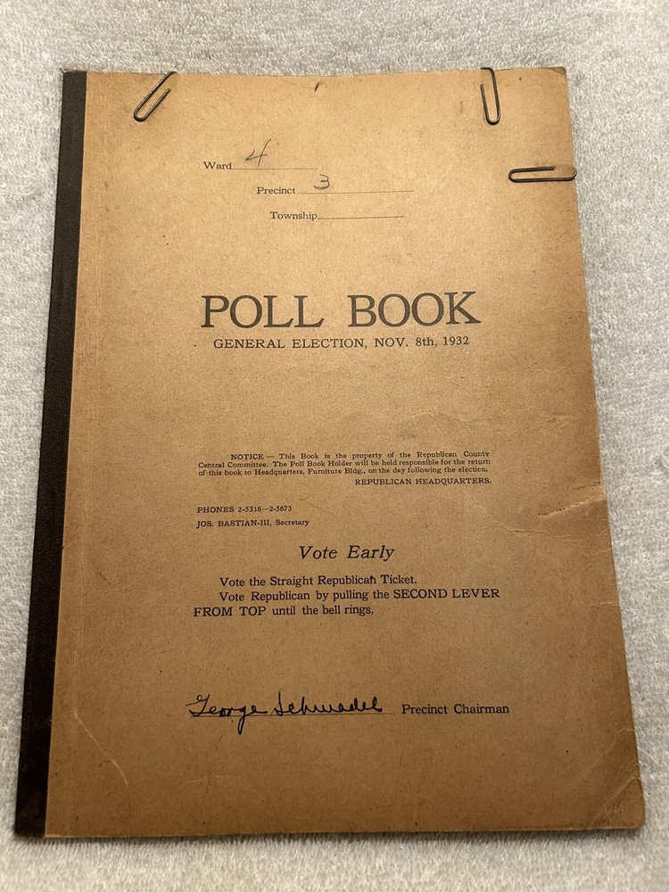 1932 Republican Poll Book Election Evansville IN 4th Ward 3rd Precinct W/Names