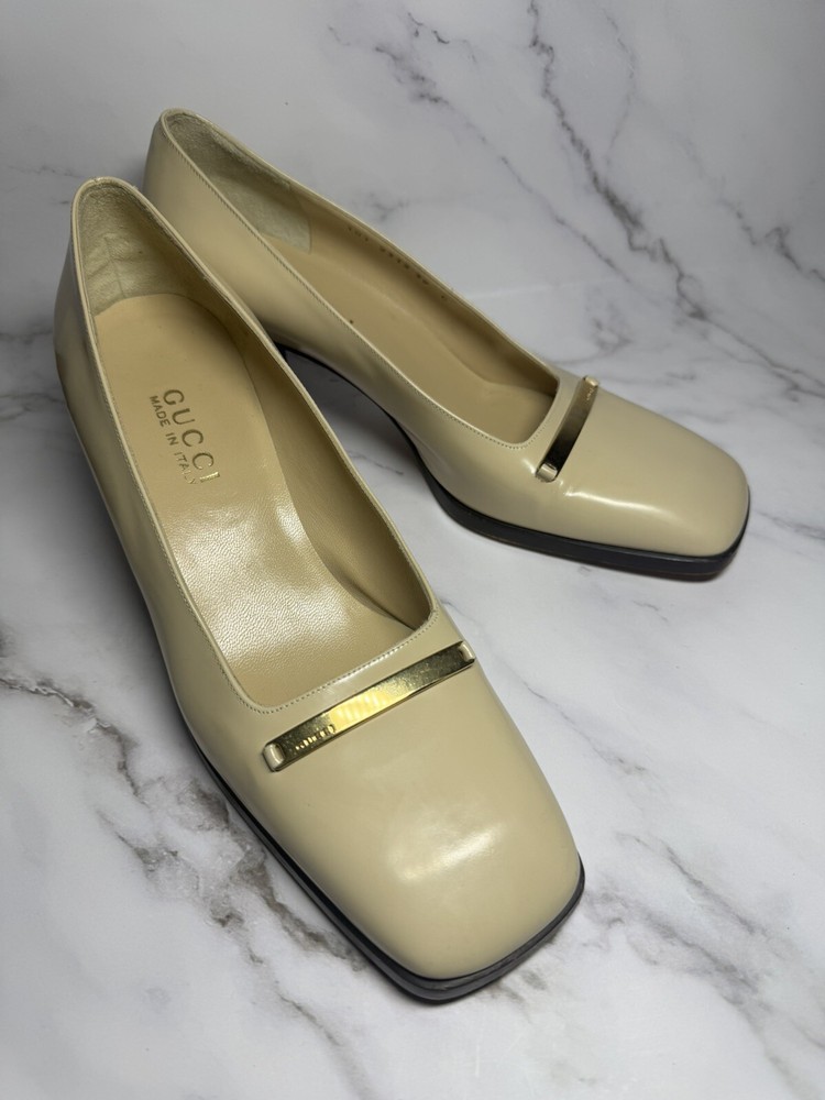 VTG Gucci Beige Leather Block Heel Pumps US 8.5 Square Toe Old Money Aesthetic