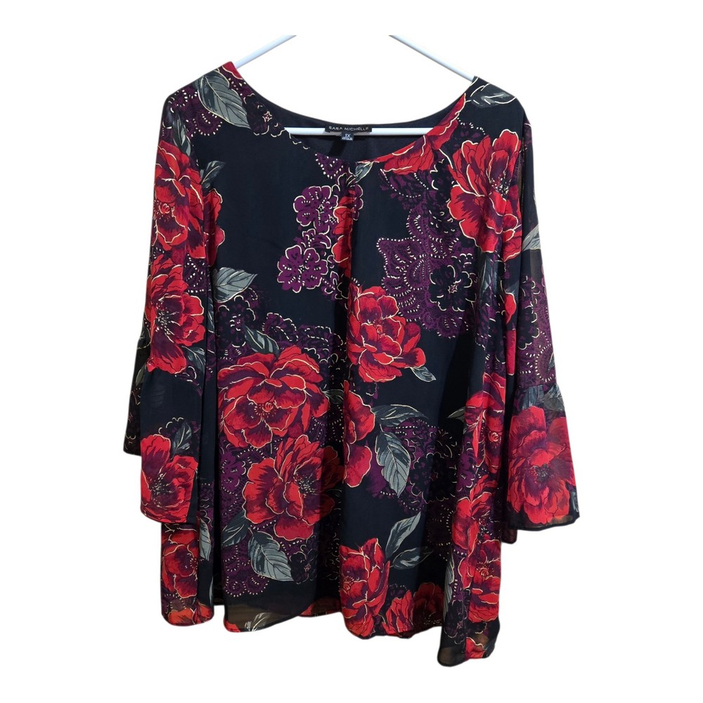 Sara Michelle Boho Floral Semi-Sheer V-Neck 3/4 Sleeve Blouse Size Extra Large