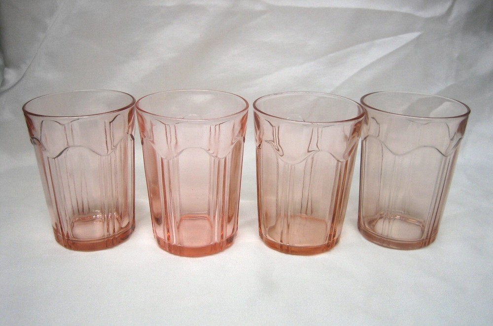 4 Vintage Colonial Knife and Fork Hocking Pink Depression Glass Water Tumblers