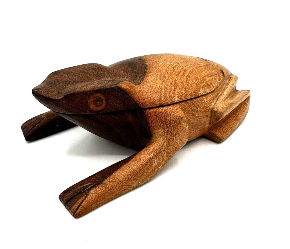 Wooden Frog Folk Art Hand Carved Hinged Box Jewelry, Coins, Trinkets Vintage