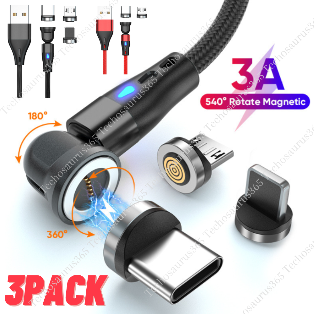 3x Lot Rotate Magnetic Phone Charger Charging Cable For Micro USB/Type C/ iPhone