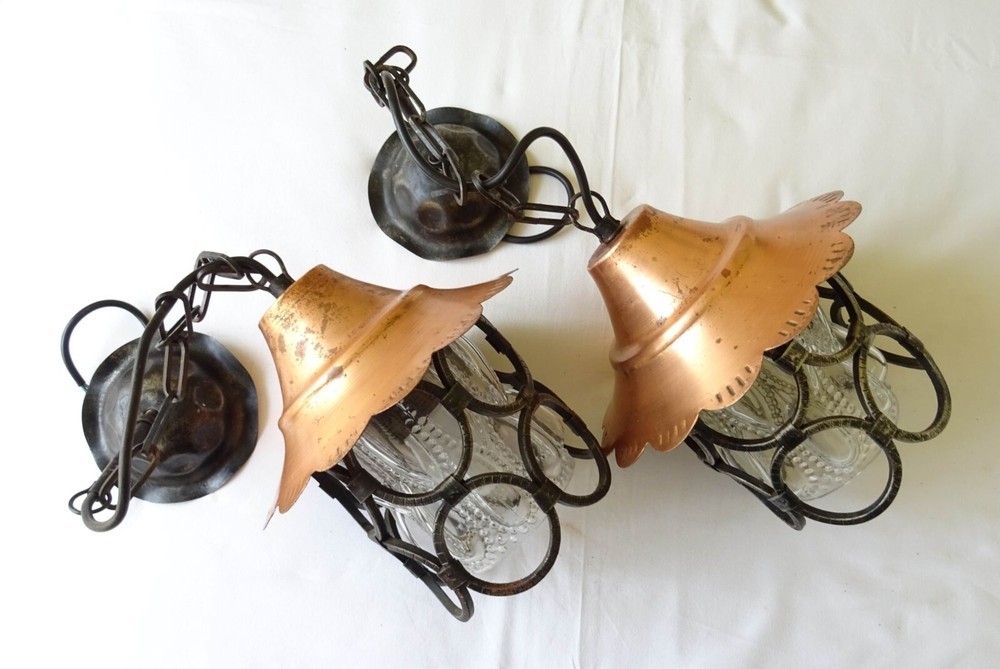 VINTAGE HAND FORGED IRON AND COPPER HANGING LAMPS SET OF 2