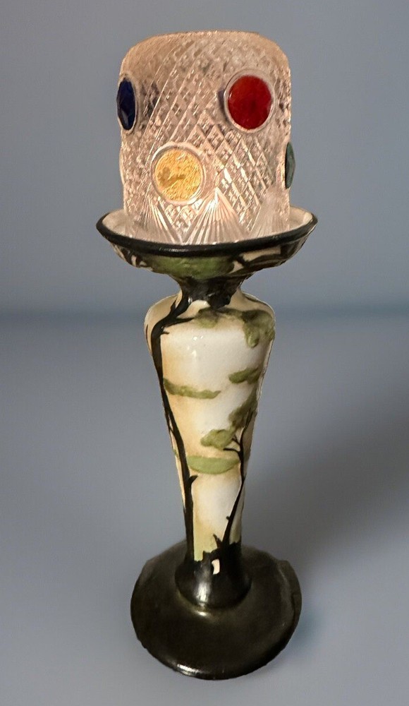 Jeweled Fairy Lamp Diamond & Fan Dome on Ceramic Pedestal Tree Motif Spectacular