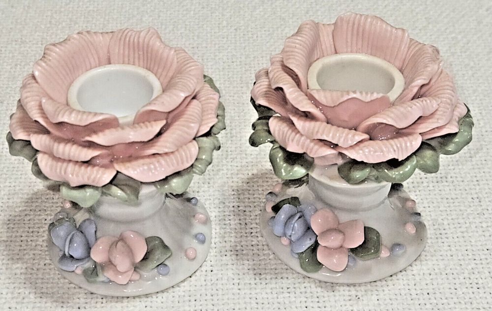 Vintage Ceramic Candlestick Holders Garden Bloom Set of 2 J7