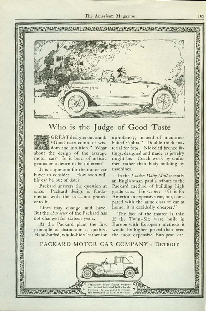 Who is the Judge of Good Taste Packard Roadster ad 1920