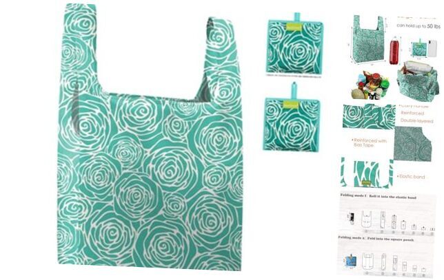 Green & White Rose Reusable Foldable Ripstop Grocery Bags Pack of 2