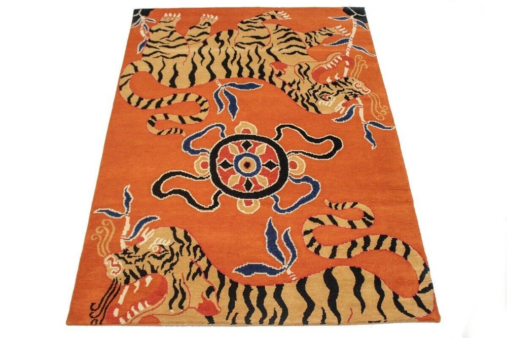 Orange Pictorial Trible Fine Nepali Rug Tibetan Hand Tufted Modern Animal Rugs