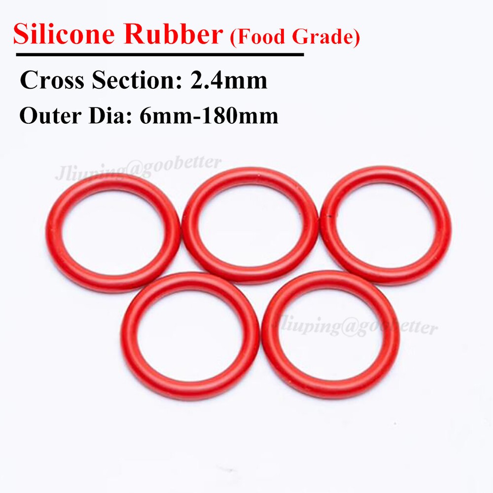 Red Food-Grade Silicone O-Rings 2.4mm CS, 6-180mm OD Seals and Washers