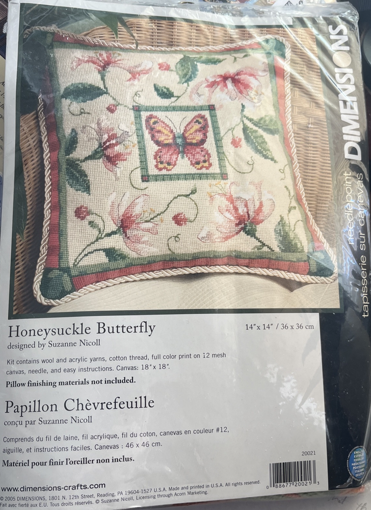 Dimensions Honeysuckle Butterfly pillow needlepoint kit 72-120021 14” x 14”