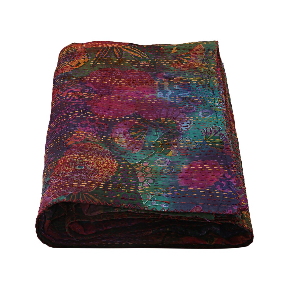Hand Dye Cotton Kantha Quilt Queen Size Floral Hippie Throw Blanket Bedspread