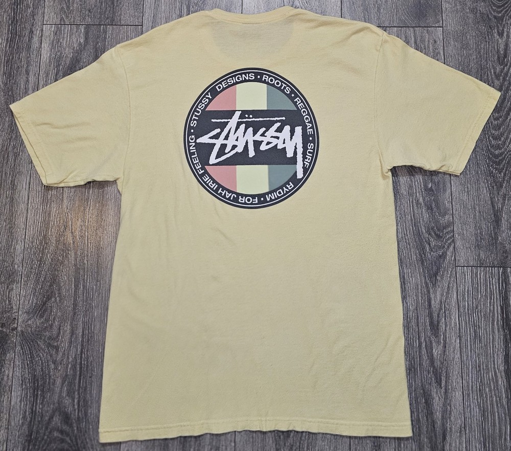 Vintage Y2K Stussy Classic Dot Logo T-Shirt Beige Men's Size Medium Rasta Surf