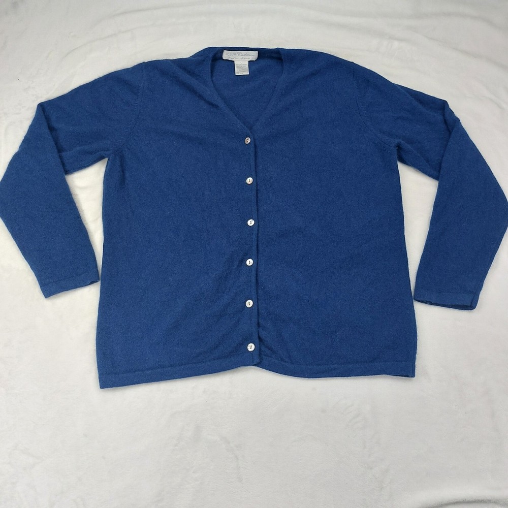 100% CASHMERE WOMENS BLUE 2 PLY YARNS V-NECK LONG SLEEVE ACADEMIA CARDIGAN SZ...