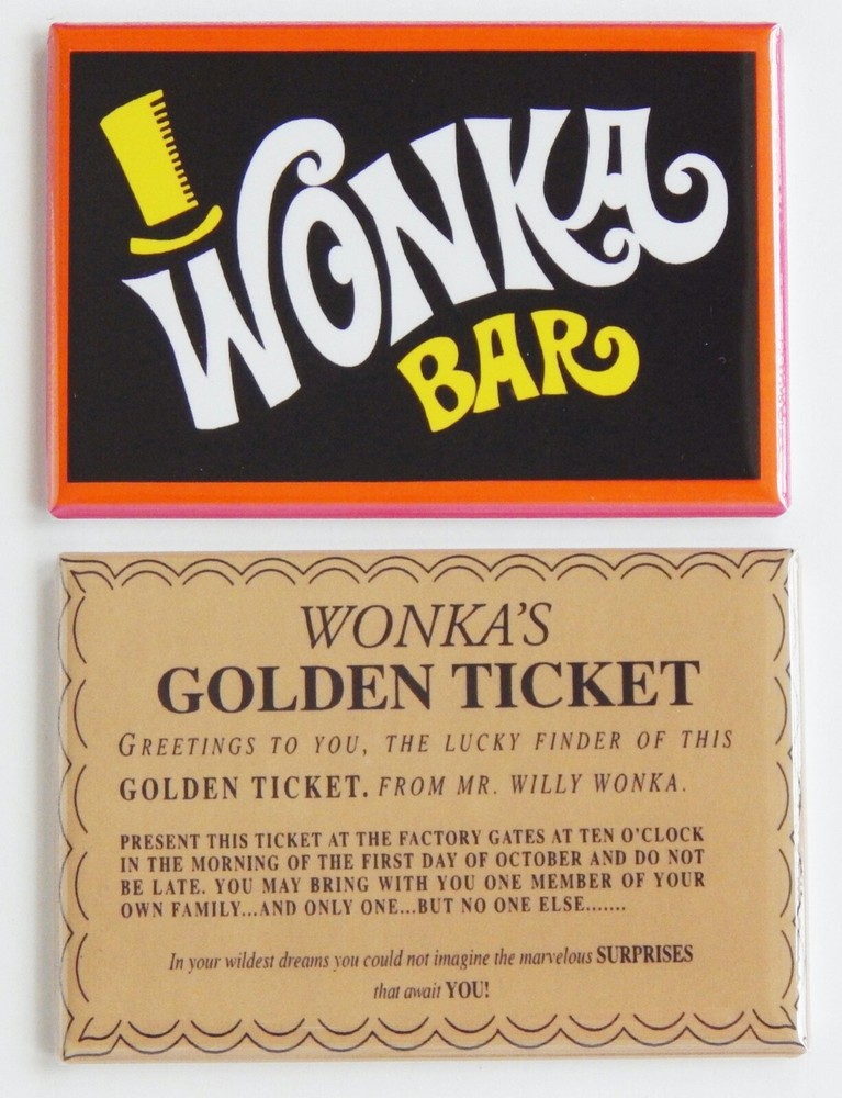 Wonka Golden Ticket Candy Bar Fridge Magnet Set with Wrapper Sign