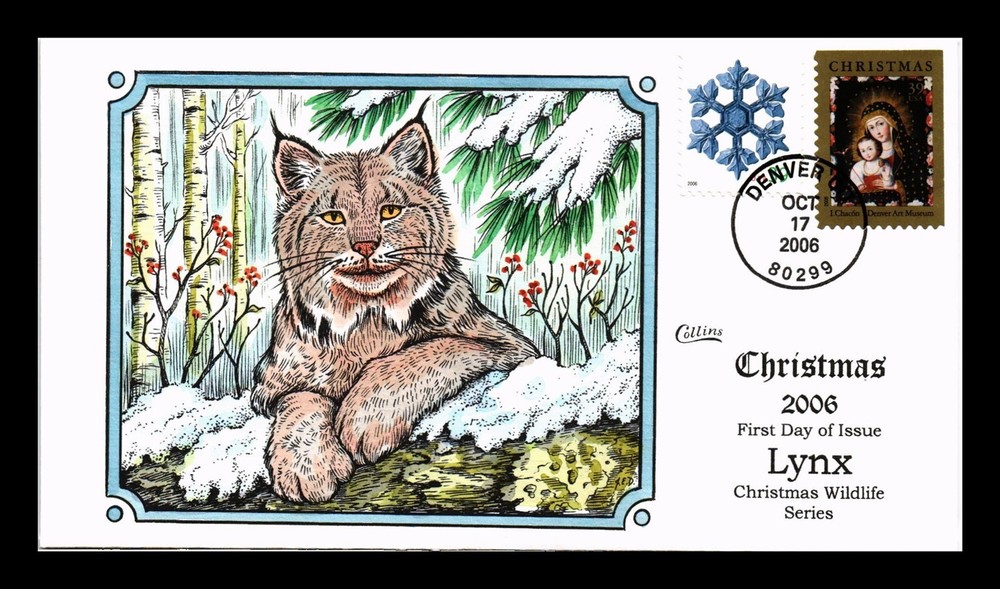 DR JIM STAMPS US COVER CHRISTMAS FDC COMBO LYNX WILDLIFE COLLINS HAND PAINTED