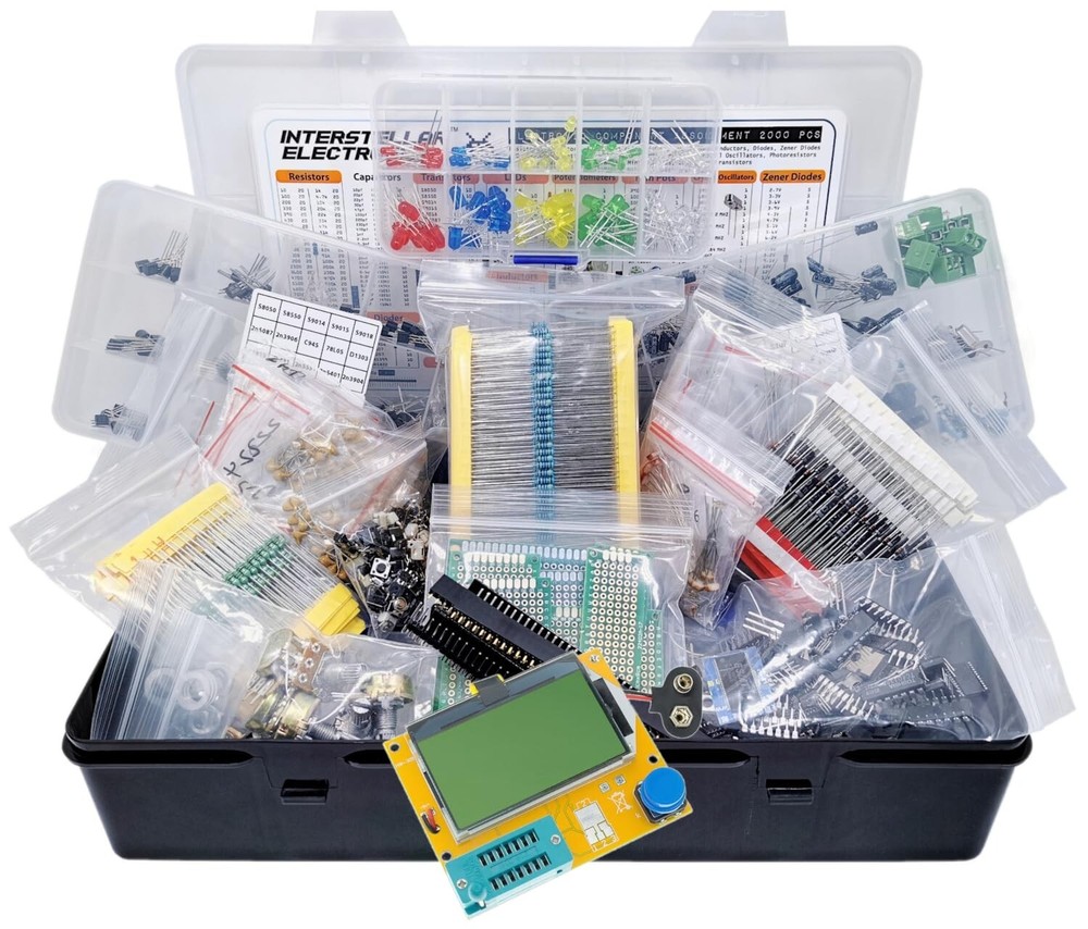 Kit completo de piezas electrónicas: 2200 resistencias surtidas, condensadores y más