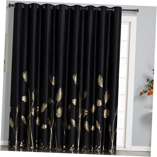 Extra Wide Blackout Curtain for Sliding Door, Gold Palm Tree Pattern Curtain