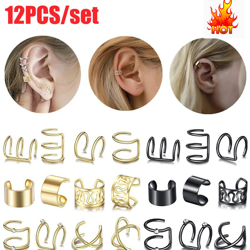 12pc Non-Pierced Ear Cuff Set Wrap Clip Punk Rock Fake Jewelry Cuffs