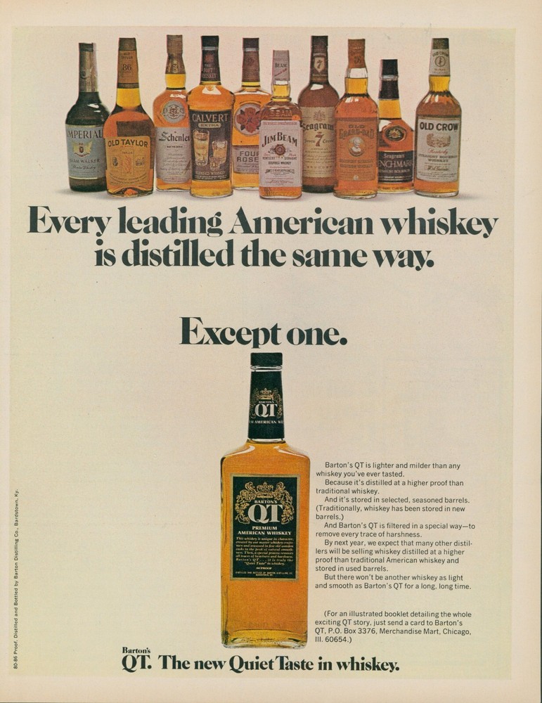 1971 Bartons QT Whiskey Higher Proof Special Filter Bottles Vintage Print Ad L18