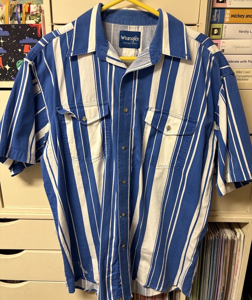 Vintage Wrangler Western Shirt XXL Button Front Blue/White Stripe S/S