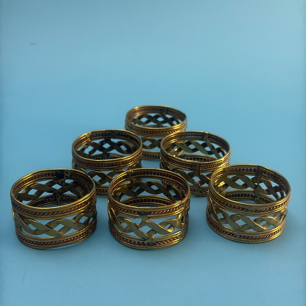 Set of 6 Vintage Brass Napkin Rings Holders - Elegant Decorative Design