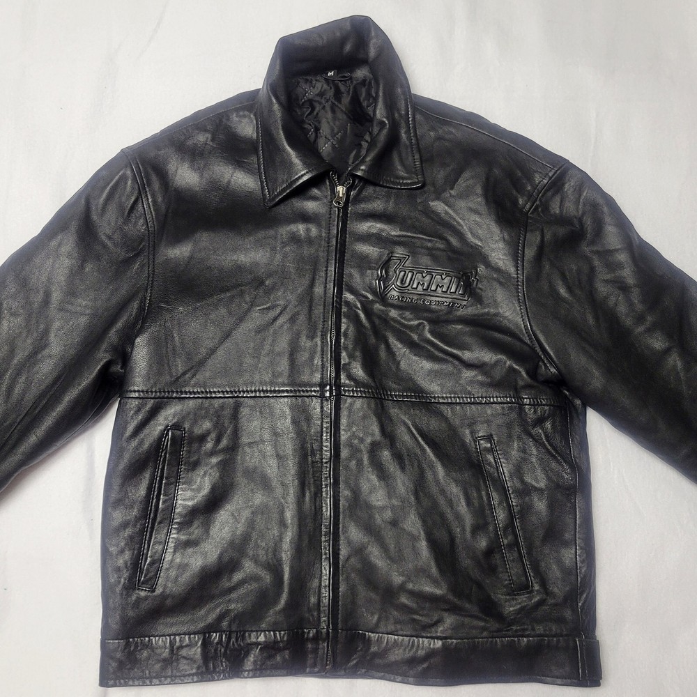 Summit Racing Jacket Biker Cut Leather Black Lined Diamond Quilted Zip Up Coat M