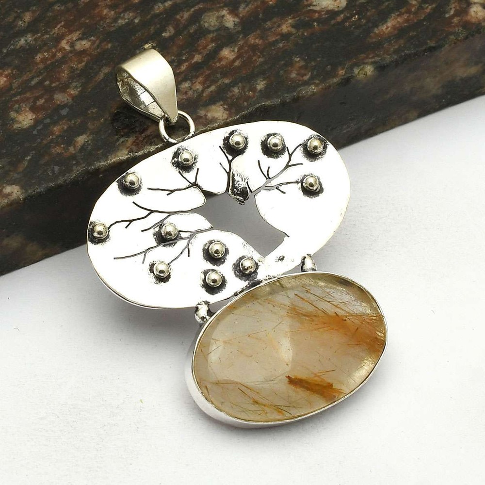 Golden Rutile Gemstone Ethnic Handmade Tree Pendant Jewelry Gift 2.36