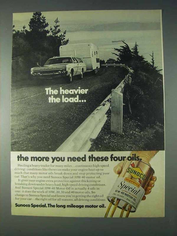 1972 Sunoco Special 10W-40 Motor Oil Ad for Heavy Load Protection