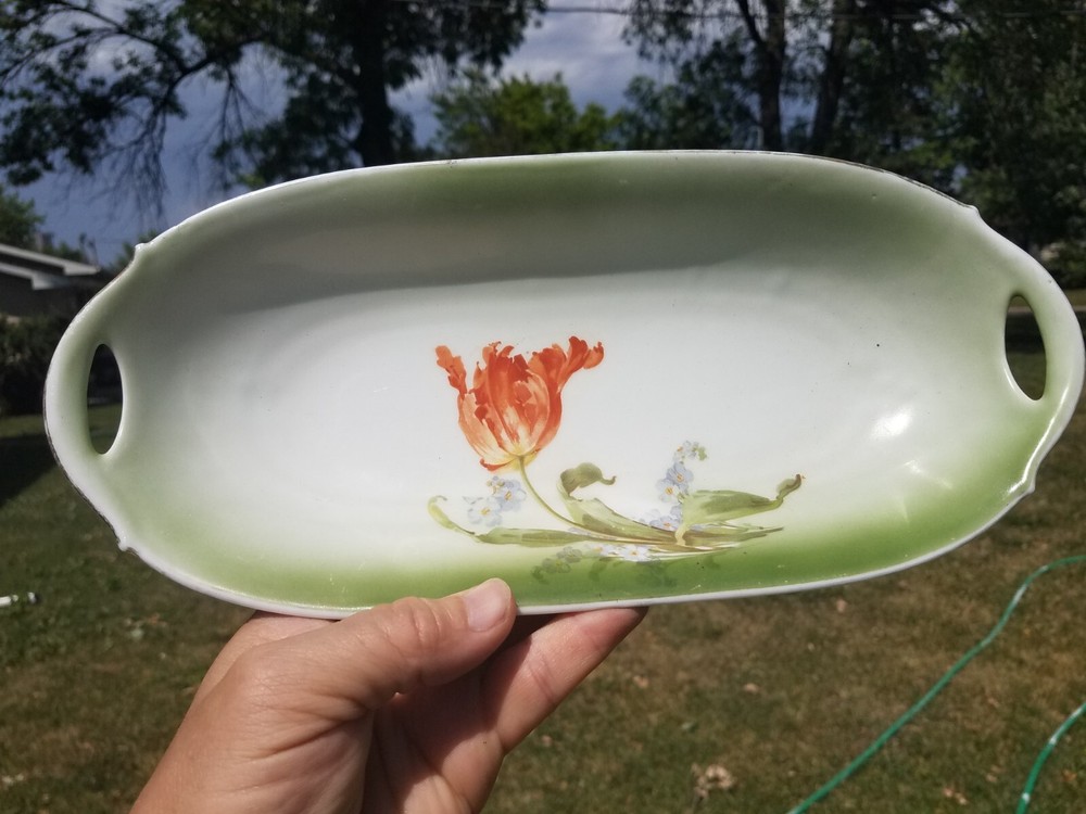 Vintage Bavaria Porcelain Candy Relish Serving Dish Handled Floral Design