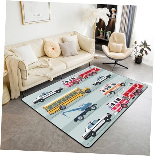 Fire Truck Police Car School Bus Rug for Kids Boys Teens Room Decor