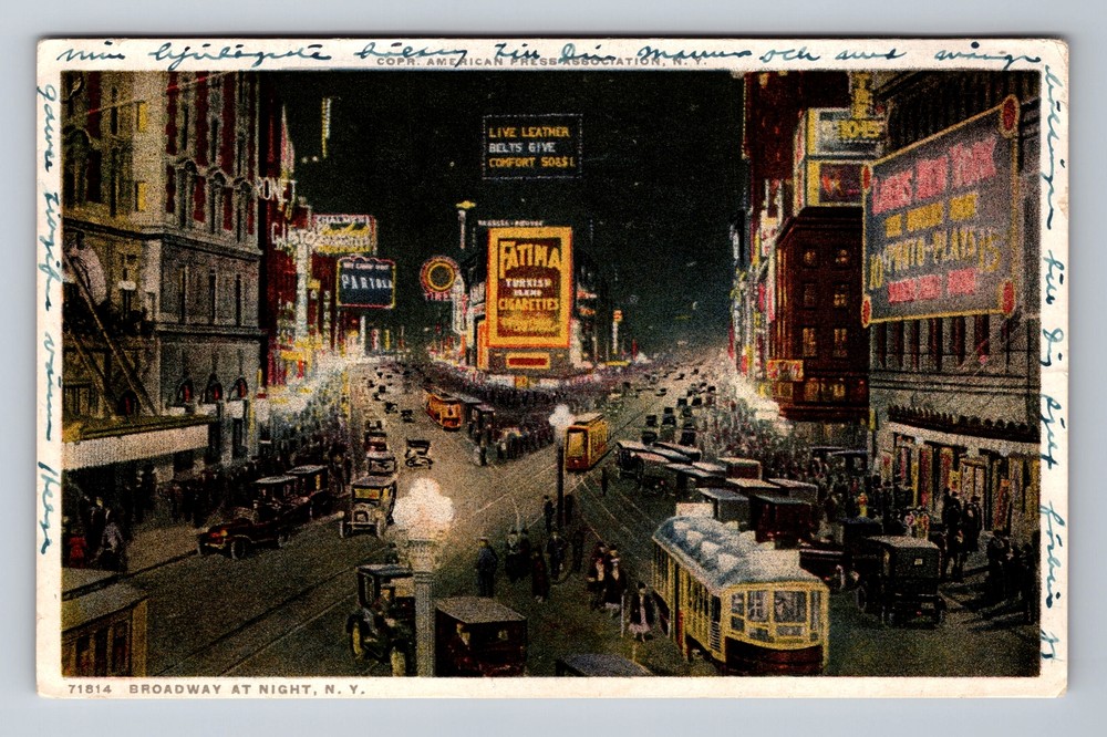 New York City NY, Broadway At Night, Souvenir, Vintage c1927 Postcard
