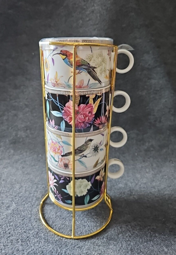 4 New Grace Teaware Fine Porcelain Stacking 12oz Floral/Birds Coffee Mugs & Rack