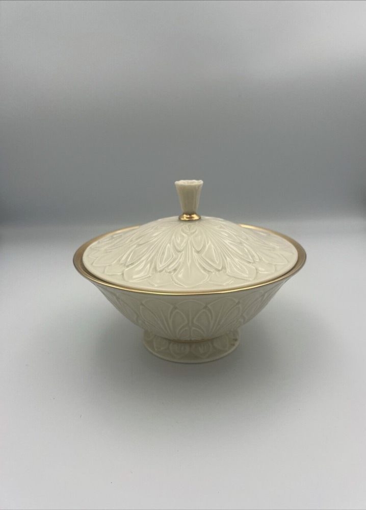 Lenox Covered Dish Cream Color Gold Trim