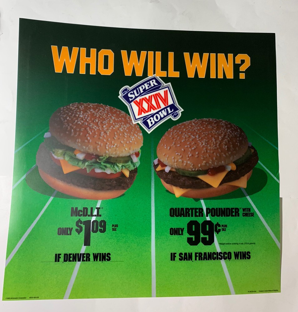 1989 McDonald's Who Will Win Super Bowl XXIV Translite Store Display Sign