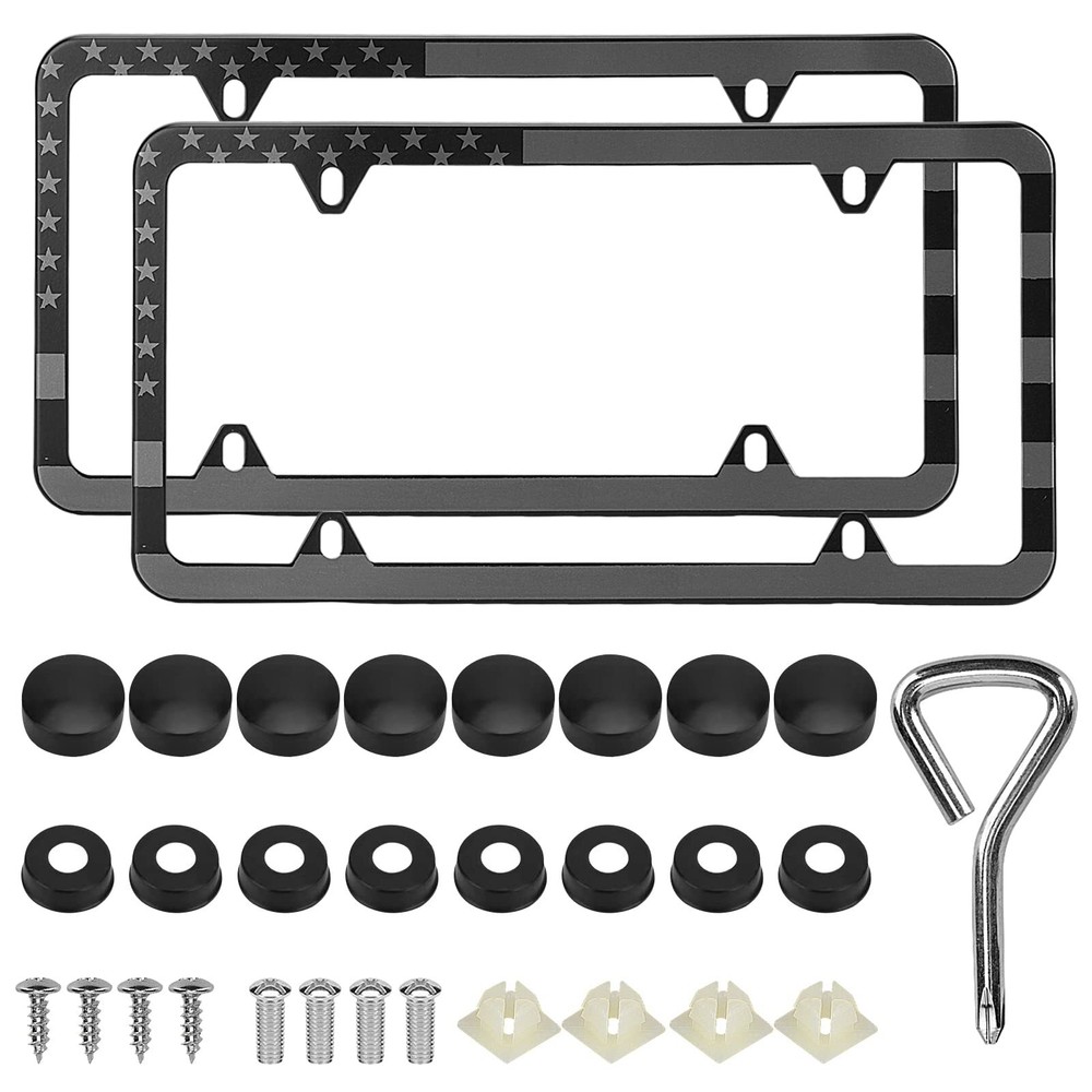 American Flag License Plate Frames, 2 Pack Black Patriotic USA Car Plate Fram...