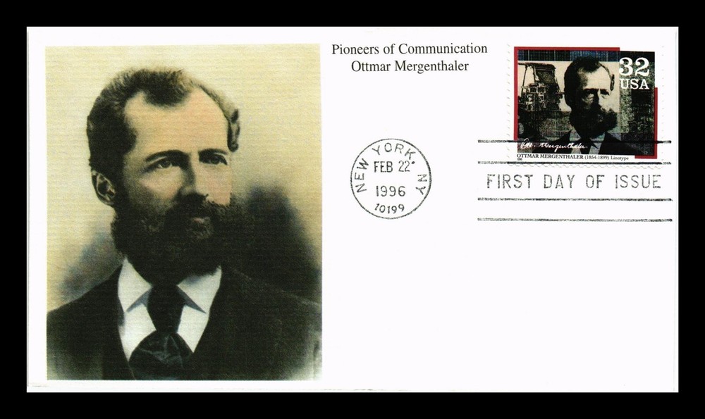 DR JIM STAMPS US COVER OTTMAR MERGENTHALER PIONEERS OF COMMUNICATION FDC