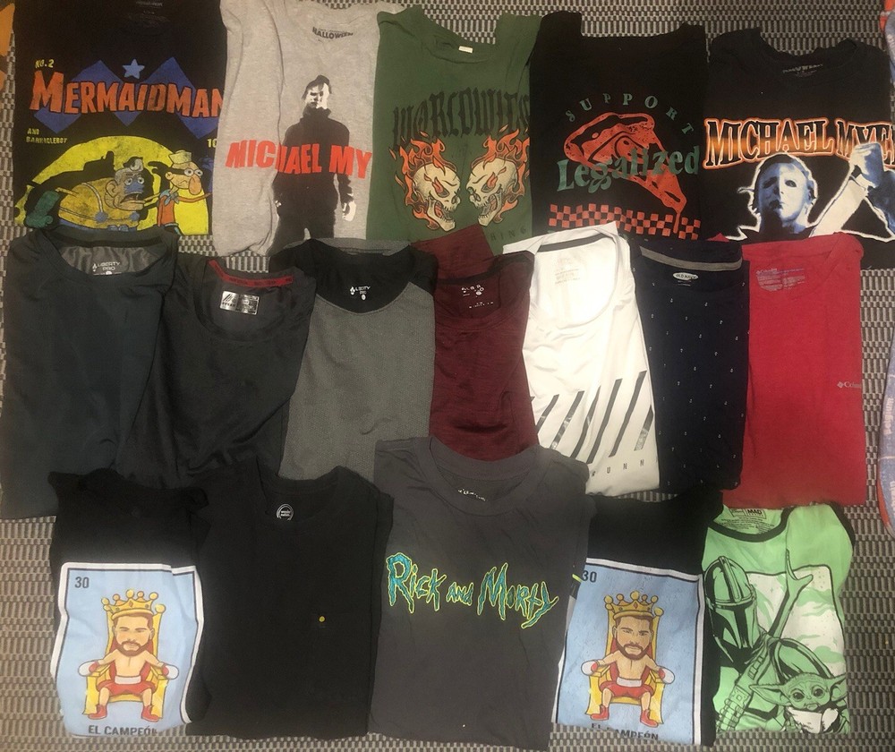 Bundle of 17 Men's Graphic and Dri-Fit Shirts in Sizes Large and XL