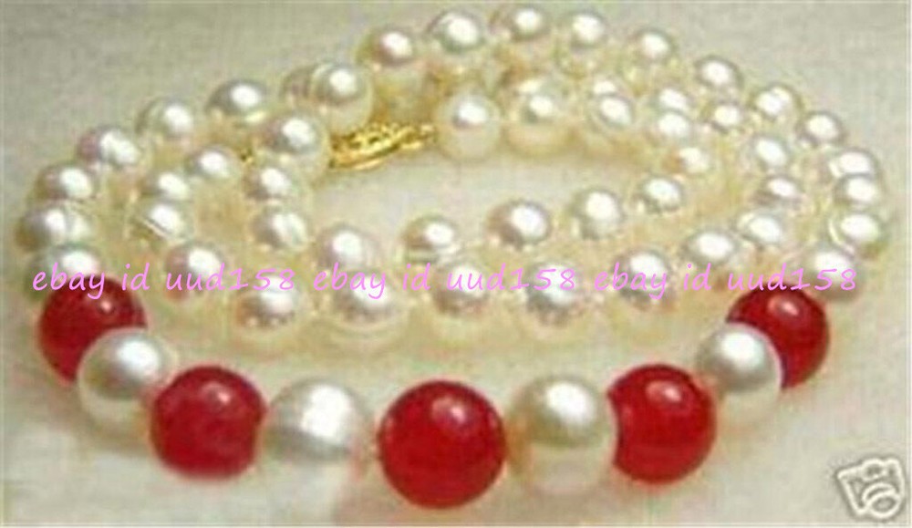 7-8mm Natural White Pearl & Red Jade Beaded Necklace 18 Inch-image