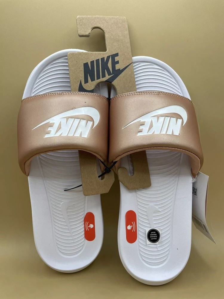 Size 9 Nike Women Victori One Metallic Bronze / White Slide Sandals NEW
