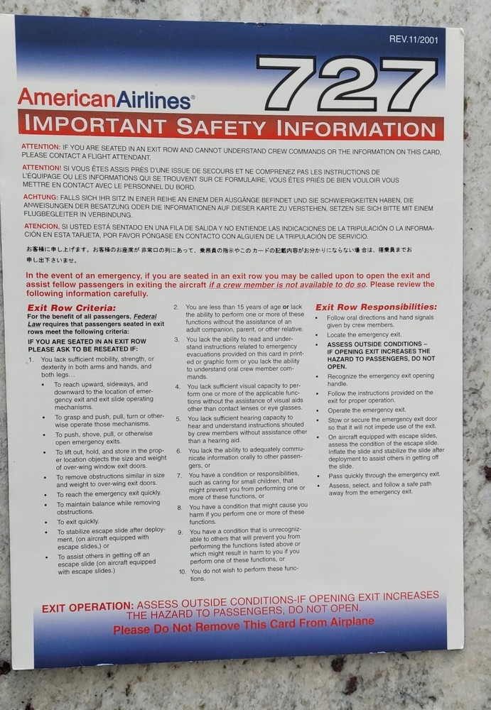American Airlines Boeing B-727 Tri-Fold Safety Card from Nov. 2001