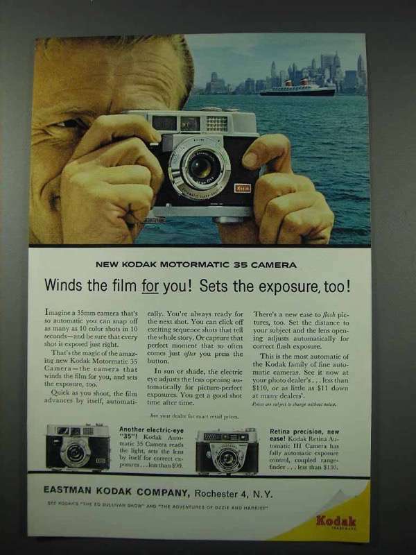 Vintage 1961 Kodak Motormatic 35 Camera Ad with Automatic Film Wind