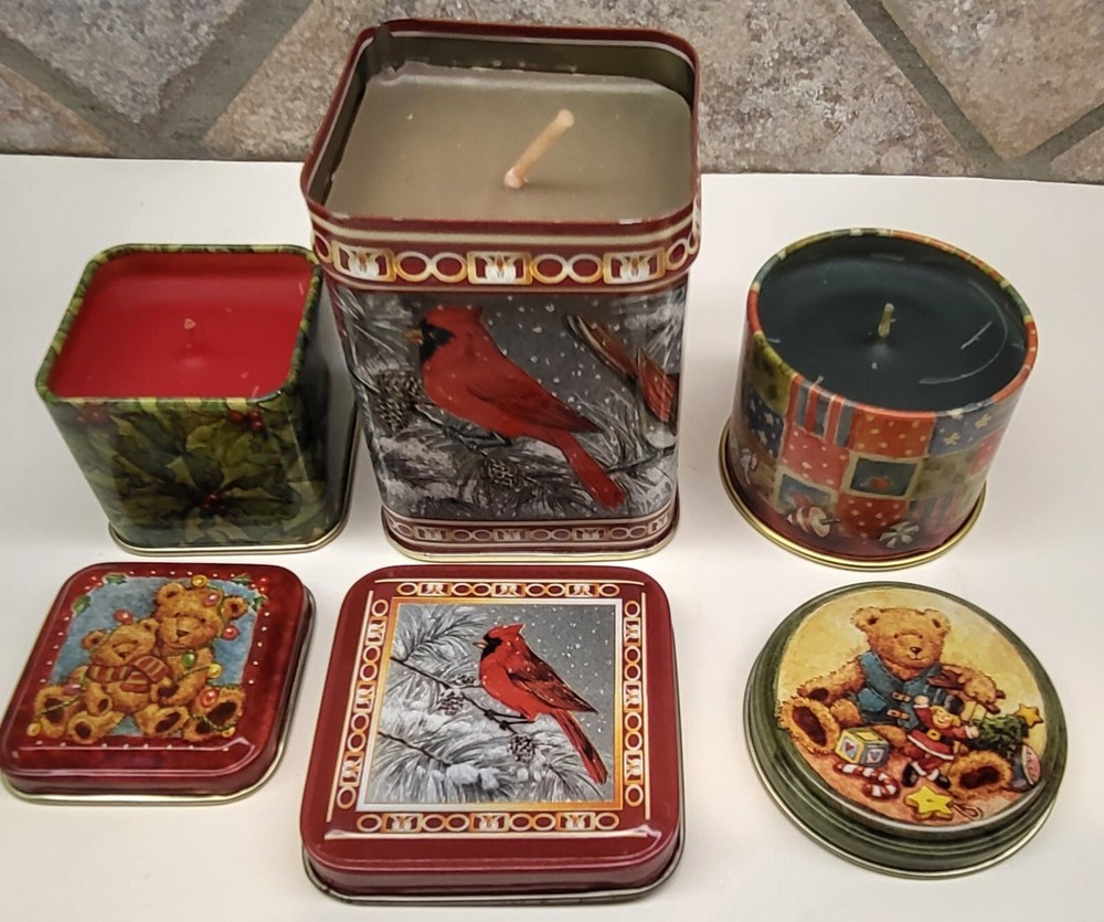 Set Of 3 Christmas Candles In Metal Tins Russ Berrie Bears And Cardinals Birds