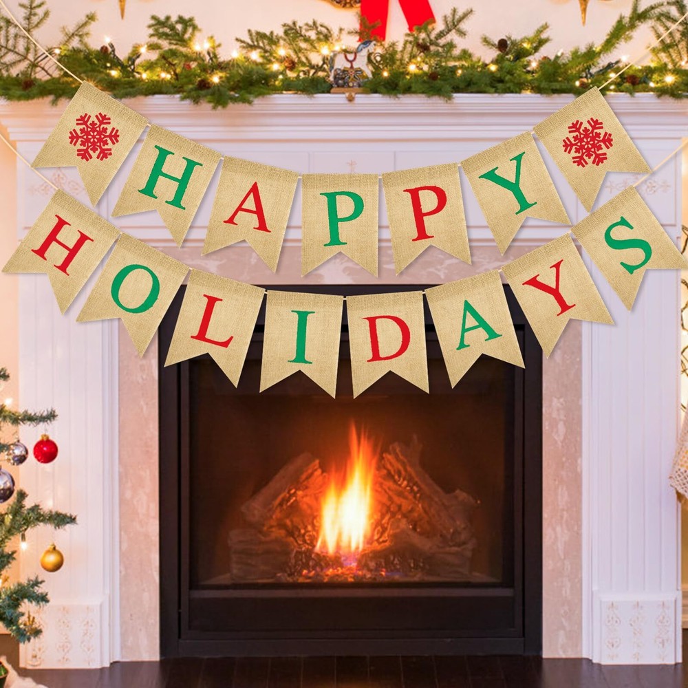 Pre-Assemble Happy Holidays Banner Burlap, Christmas Banner for Home Office M...