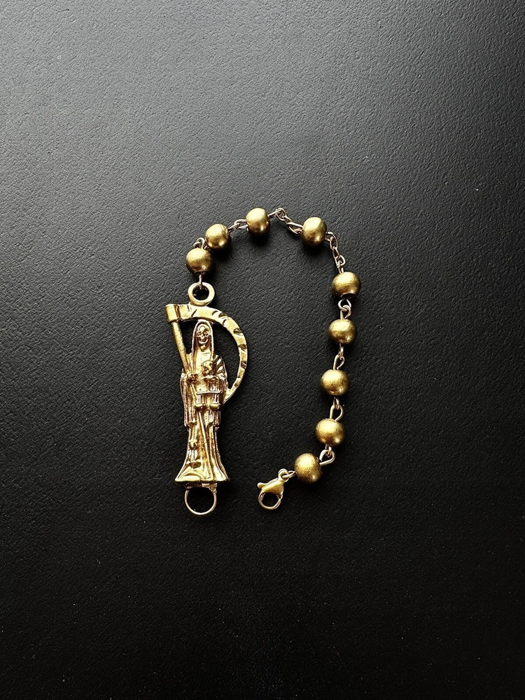 SANTA MUERTE BRACELET GOLD PAINTED ROSARY STYLE PENDANT 7.5” / FREE SHIPPING!