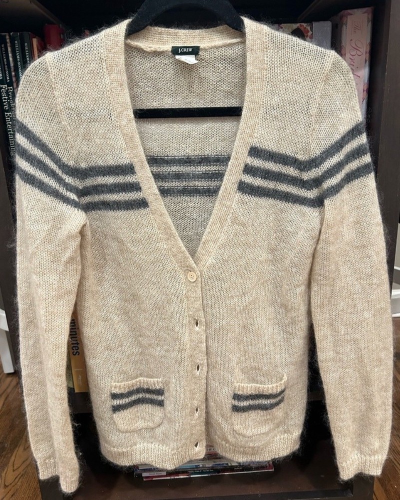 J. Crew Lightweight Mohair Blend Cardigan Sweater Beige Gray Stripe Women’s M